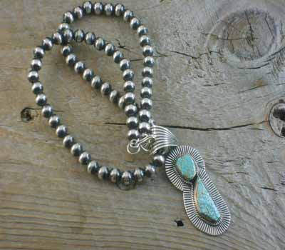 SIlver Bead Necklace with Turquoise Pendant